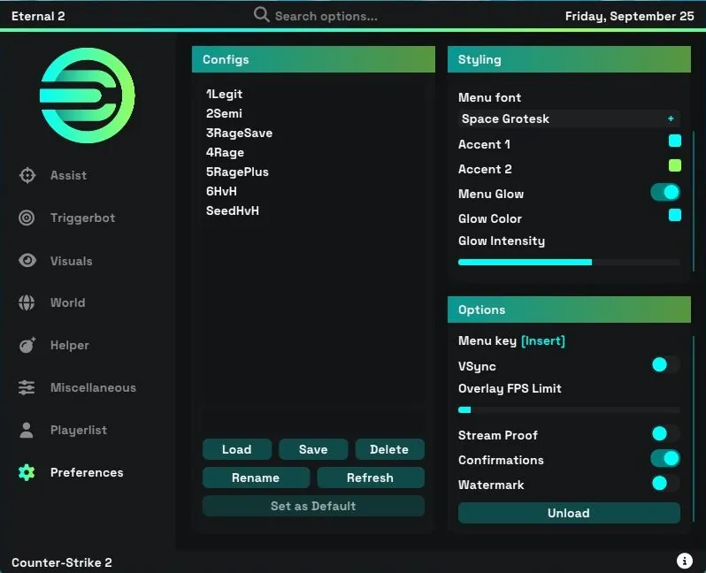 Eternal 2 Preferences menu