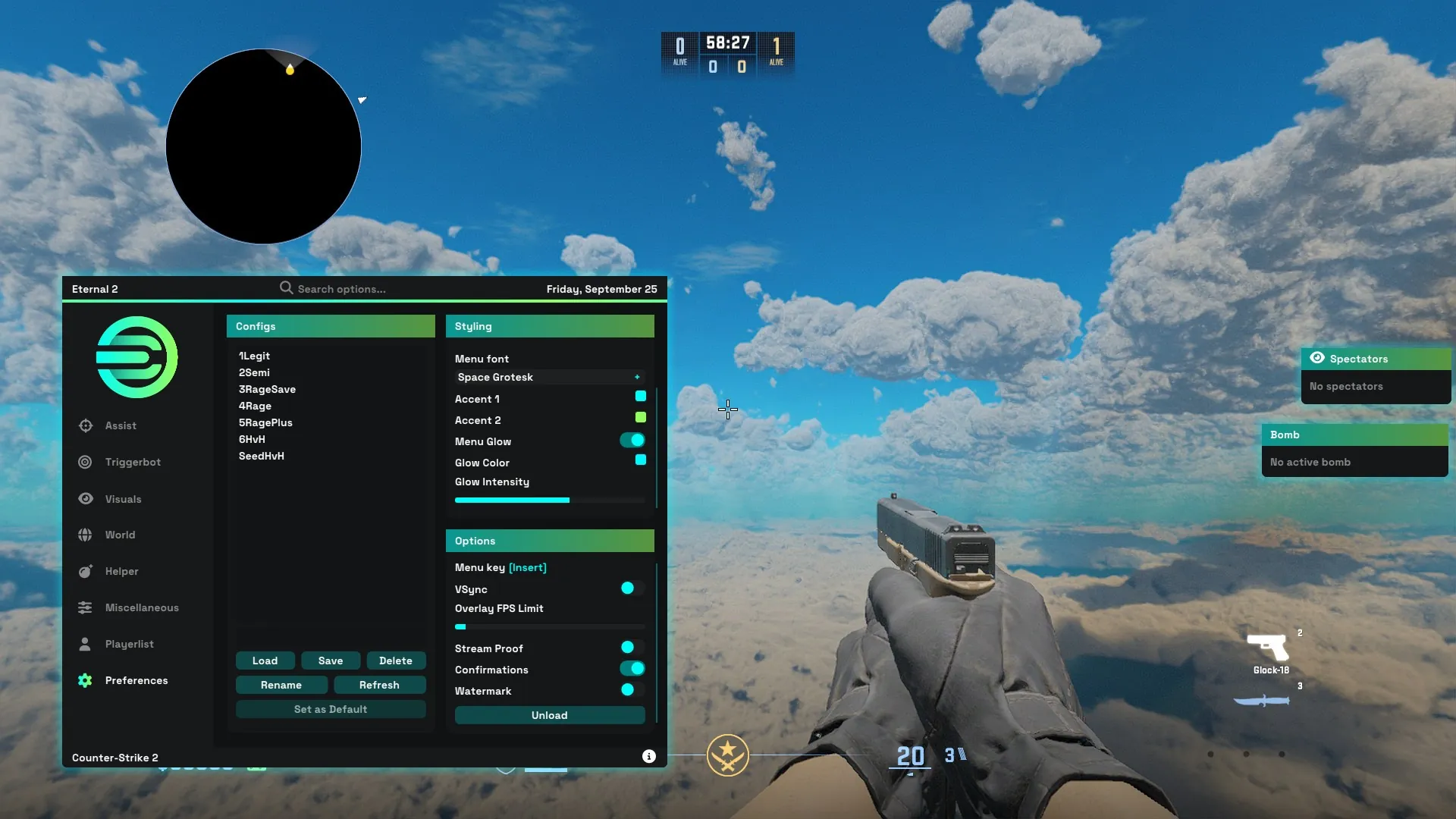 Eternal 2 menu open in Counter-Strike 2 with config list, styling options, spectator list and bomb info